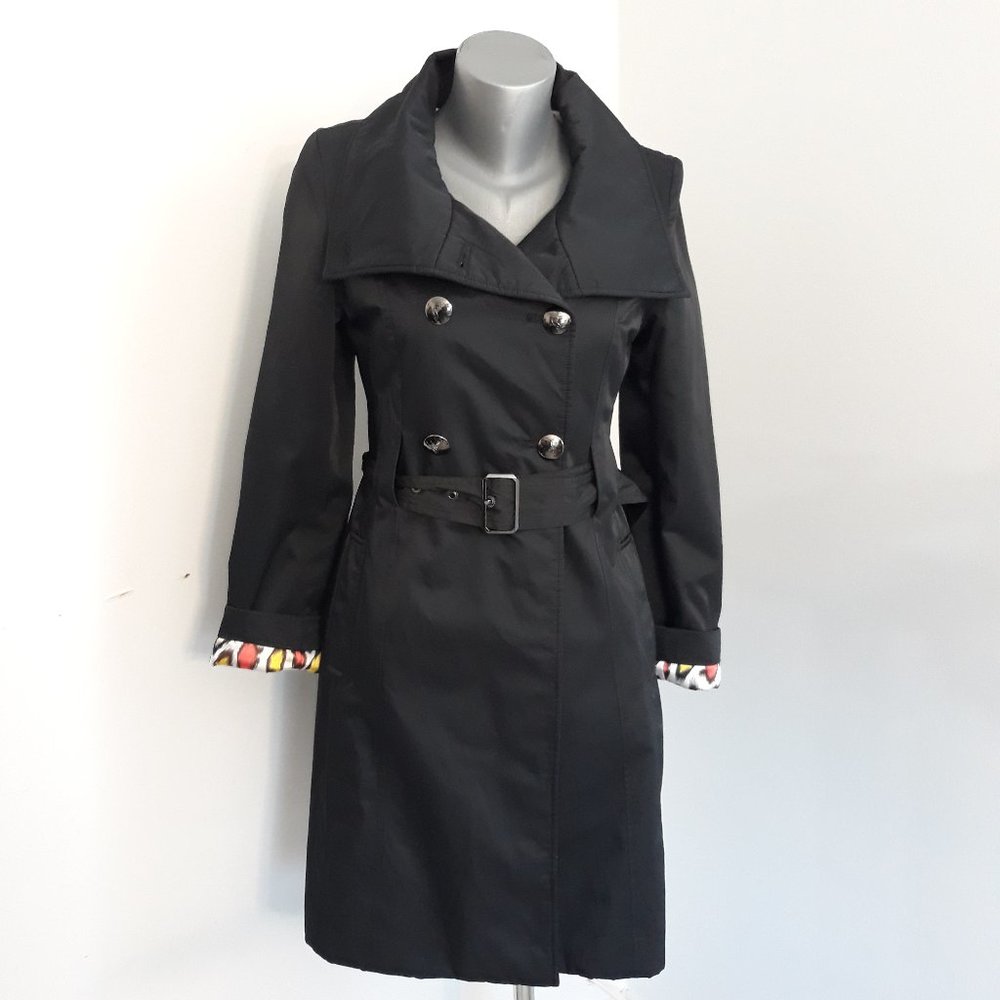 Black Belted Guess Trench Coat with Colorful Animal Print Lining XS